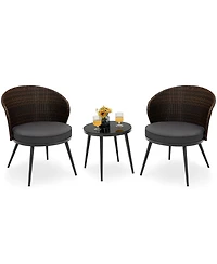 Sugift 3 Pieces Patio Rattan Bistro Set with 2 Seat Cushions and Tempered Glass Tabletop