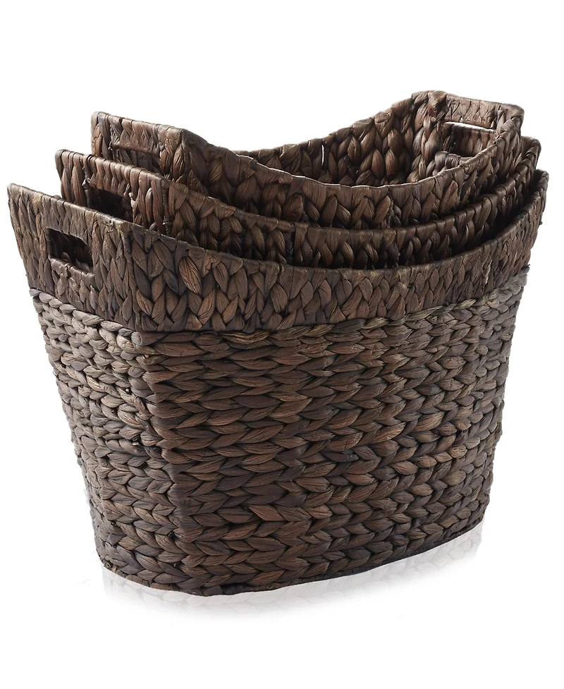 Casafield Set of 3 Oval Baskets with Handles - Espresso, Water Hyacinth Woven Storage Totes for Blankets, Laundry, Bathroom, Bedroom, Living Room