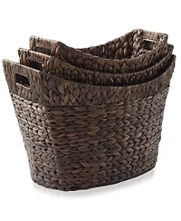 Casafield Set of 3 Oval Baskets with Handles - Espresso, Water Hyacinth Woven Storage Totes for Blankets, Laundry, Bathroom, Bedroom, Living Room