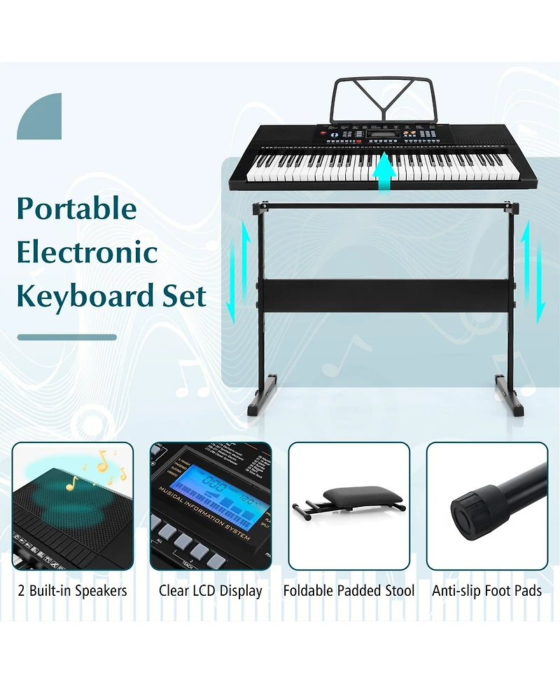 Hongge 61-Key Electronic Keyboard Piano Starter Set with Stand Bench and Headphones