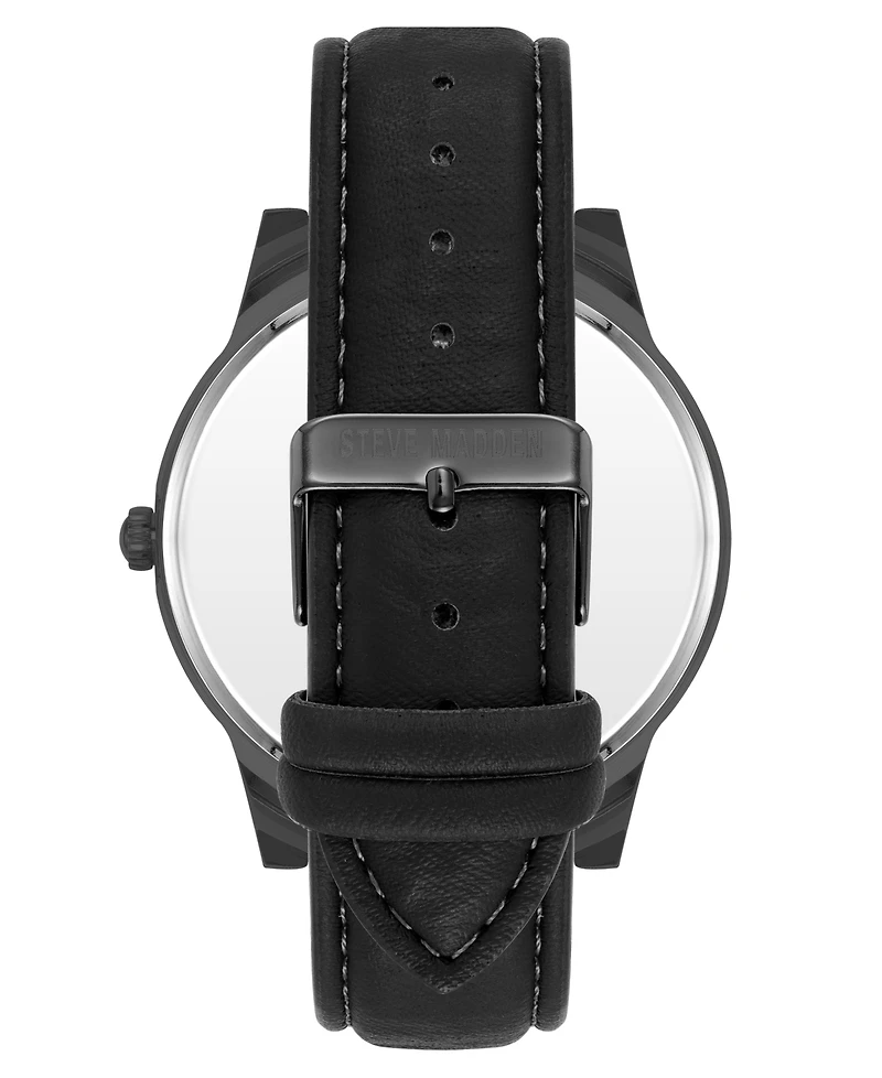 Steve Madden Men's Sleek Black Faux Leather and Dark Gray Alloy Metal Watch, 48.5mm