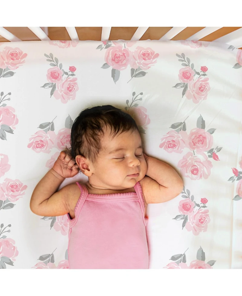 The Peanutshell Fitted Crib Sheet Set for Baby Girls, Pink Roses and Floral, 4 Pack Set