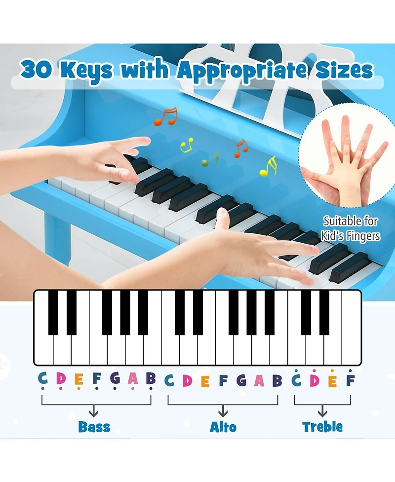 Hongge 30-Key Wood Toy Kids Grand Piano with Bench and Music Rack