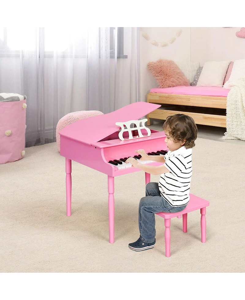 Hongge 30-Key Wood Toy Kids Grand Piano with Bench & Music Rack-Pink