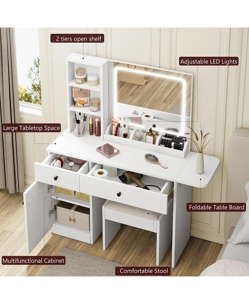 gaomon White Vanity Desk with Led Lighted Mirror & Power Outlet, Makeup Vanity with Drawers & Cabinet & Chair