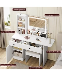 gaomon White Vanity Desk with Led Lighted Mirror & Power Outlet, Makeup Vanity with Drawers & Cabinet & Chair