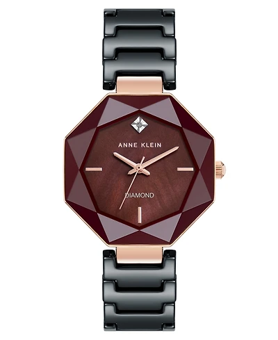 Anne Klein Women's Quartz Burgundy and Black Octagonal Ceramic Watch, 32mm
