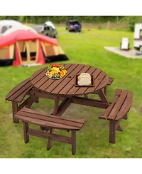 Slickblue 8-Person Outdoor Circular Wooden Picnic Table with 4 Built-In Benches for Patio, Backyard, and Garden