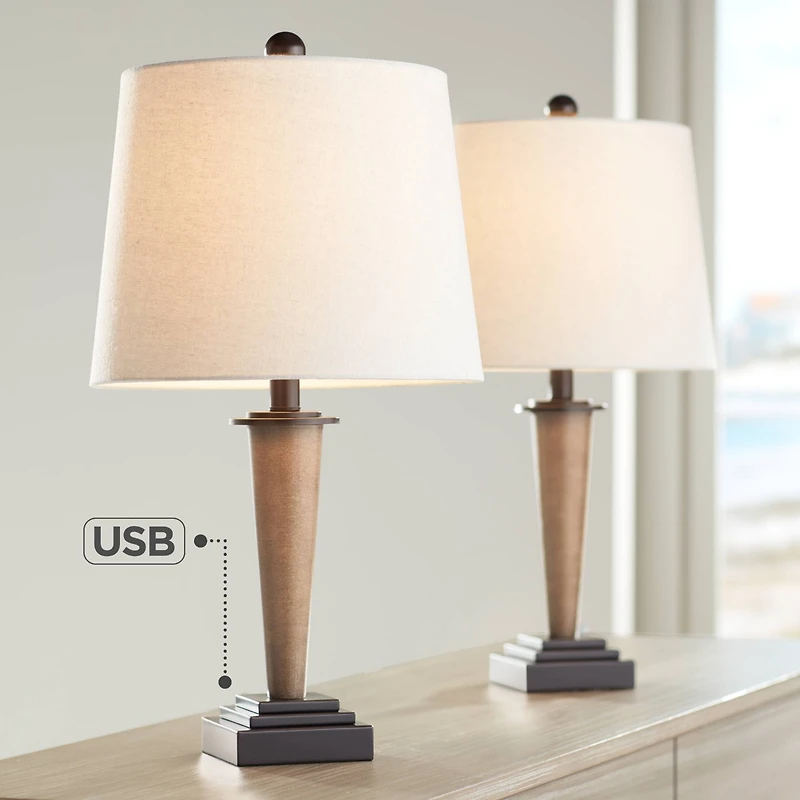 360 Lighting Fernbank 23 1/2" High Small Farmhouse Rustic Accent Table Lamps Set of 2 Usb Port Brown Bronze Finish Metal White Shade Living Room Charg