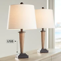 360 Lighting Fernbank 23 1/2" High Small Farmhouse Rustic Accent Table Lamps Set of 2 Usb Port Brown Bronze Finish Metal White Shade Living Room Charg