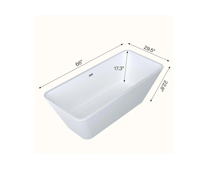 gaomon 66" Acrylic Freestanding Bathtub,Contemporary Square Shape Soaking Tub With Chrome Drain and Minimalist Linear Design Overflow, Easy to Install