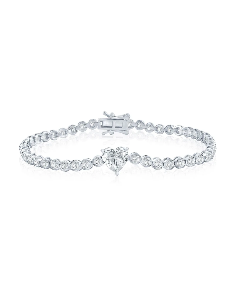 Simona Sterling Silver, Heart & Round Cz Tennis Bracelet