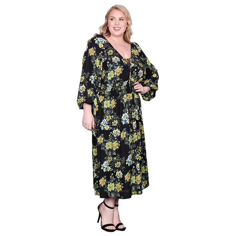 Standards & Practices Plus Floral-Print Sheer Sleeve Midi Dress