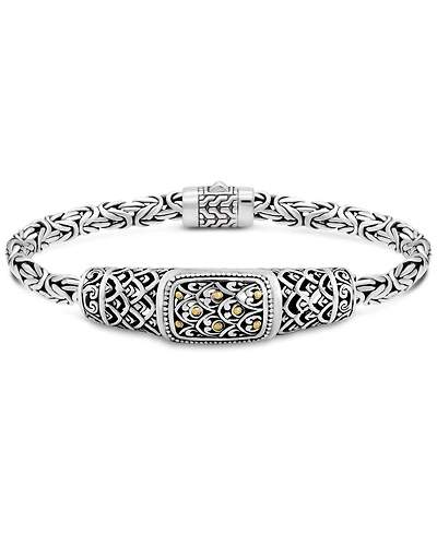 Devata Bali Dragon Skin with Borobudur Oval 5mm Chain Bracelet in Sterling Silver and 18K Gold Accents, Medium 7.5 in