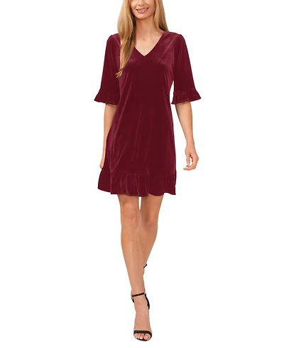 CeCe Women's Velvet 3/4-Sleeve Ruffle Trim Shift Dress