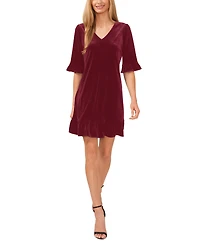 CeCe Women's Velvet 3/4-Sleeve Ruffle Trim Shift Dress