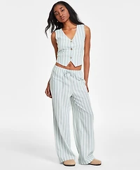 Hippie Rose Juniors' Striped Wide-Leg Drawstring Linen-Blend Pants