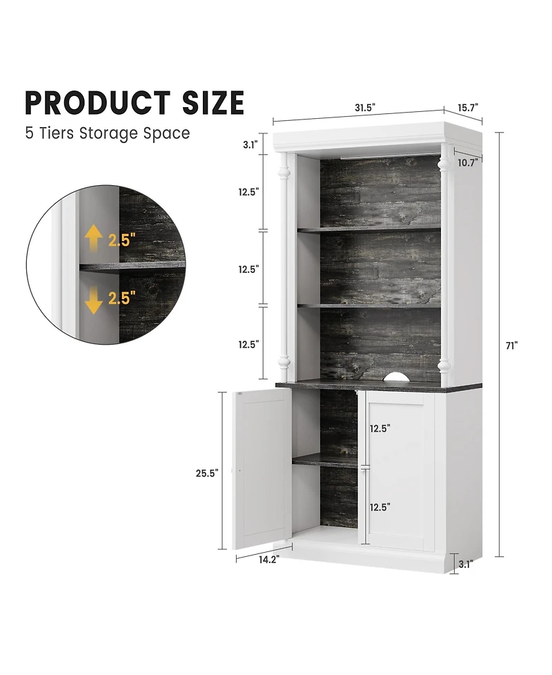 gaomon Tall Storage Bookcase with 3-Tier Open Shelves and Double Door, Roman Column Design and 4 Adjustable Lights