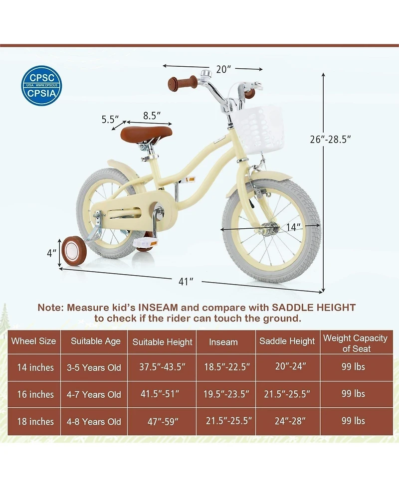 Hongge 14/16/18 Inch Kids Bike Adjustable with Training Wheels Ages 3-8 Years Olds