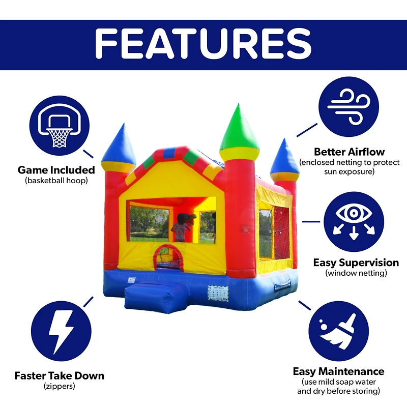 HeroKiddo Castle Commercial Grade Bounce House for Kids and Adults (with Blower), Basketball Hoop, Outdoor Indoor, Birthday Party, Rental Quality, Big