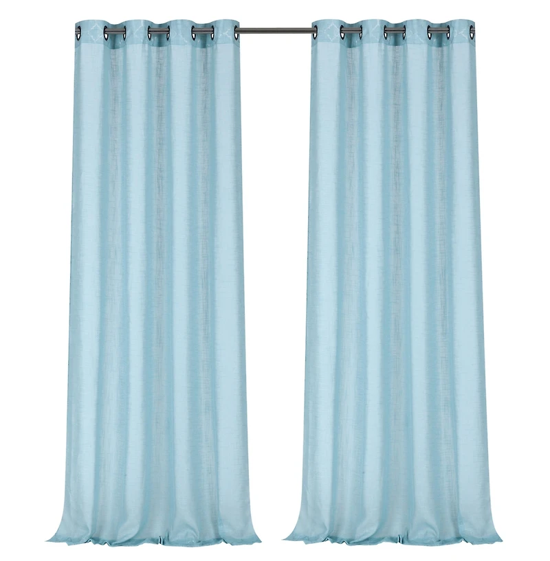 Kate Aurora 2 Piece Silver Sparkly Semi Sheer Trellis Quatrefoil Grommet Top Window Curtain Panels