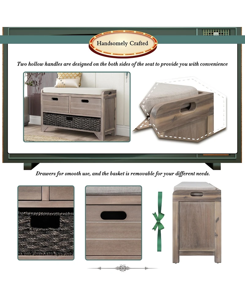 Slickblue Storage Bench with Removable Basket & 2 Drawers Versatile Organization Solution for Any Space