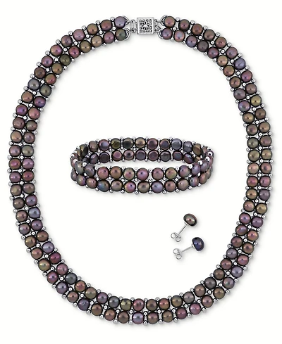3-Pc. Set Pink Cultured Freshwater Pearl (6-8mm) Beaded Double-Row Strand Necklace, Stretch Bracelet & Stud Earrings Sterling Silver
