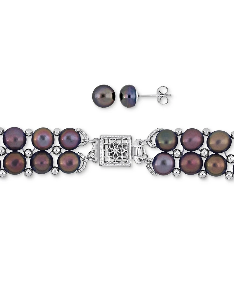 3-Pc. Set Pink Cultured Freshwater Pearl (6-8mm) Beaded Double-Row Strand Necklace, Stretch Bracelet & Stud Earrings Sterling Silver