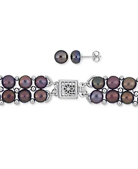 3-Pc. Set Pink Cultured Freshwater Pearl (6-8mm) Beaded Double-Row Strand Necklace, Stretch Bracelet & Stud Earrings Sterling Silver