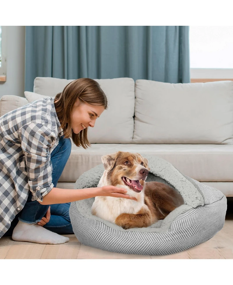 Details Pet Cave Bed, Calming Hooded Dog Bed with Pouch for Small Dogs and Cats