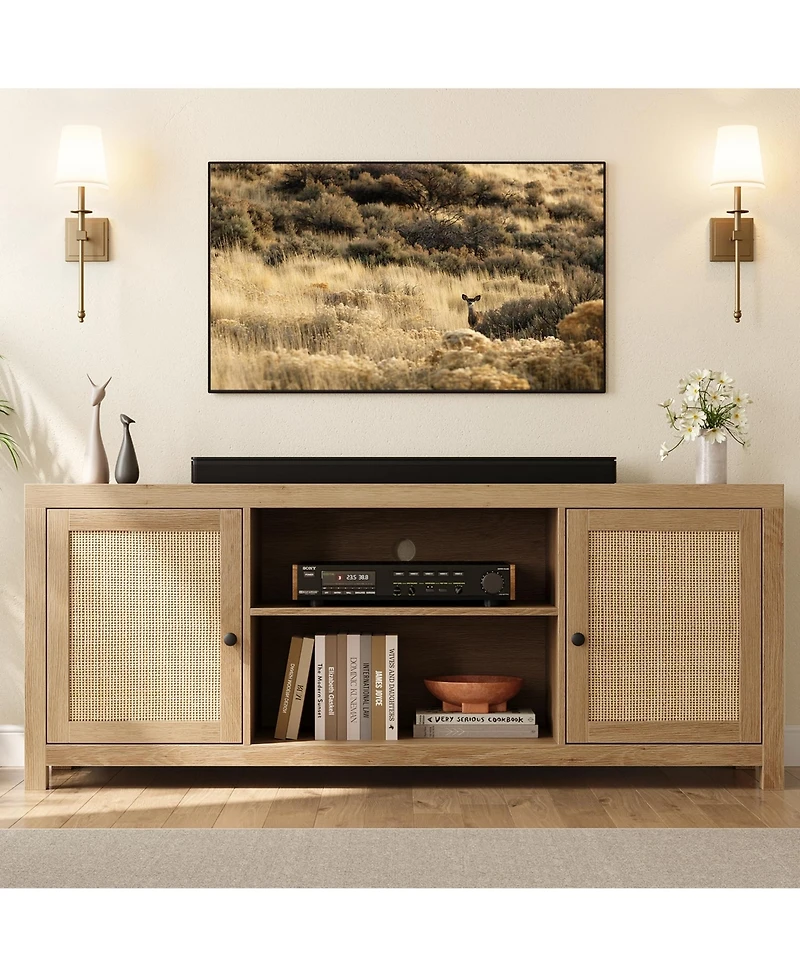 gaomon Tv Stand for 75 Inch Tv, Rattan Entertainment Center with Storage