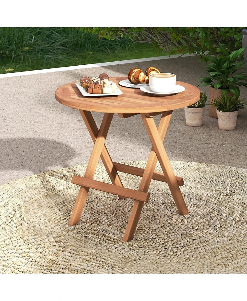 Sugift Round Patio Folding Coffee Table Teak Wood with Slatted Tabletop