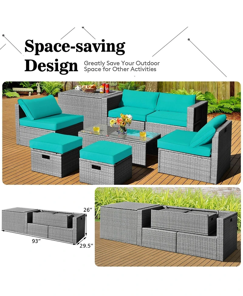 Sugift 8 Pieces Patio Rattan Furniture Set with Storage Waterproof Cover and Cushion-Turquoise