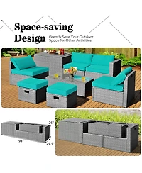 Sugift 8 Pieces Patio Rattan Furniture Set with Storage Waterproof Cover and Cushion-Turquoise