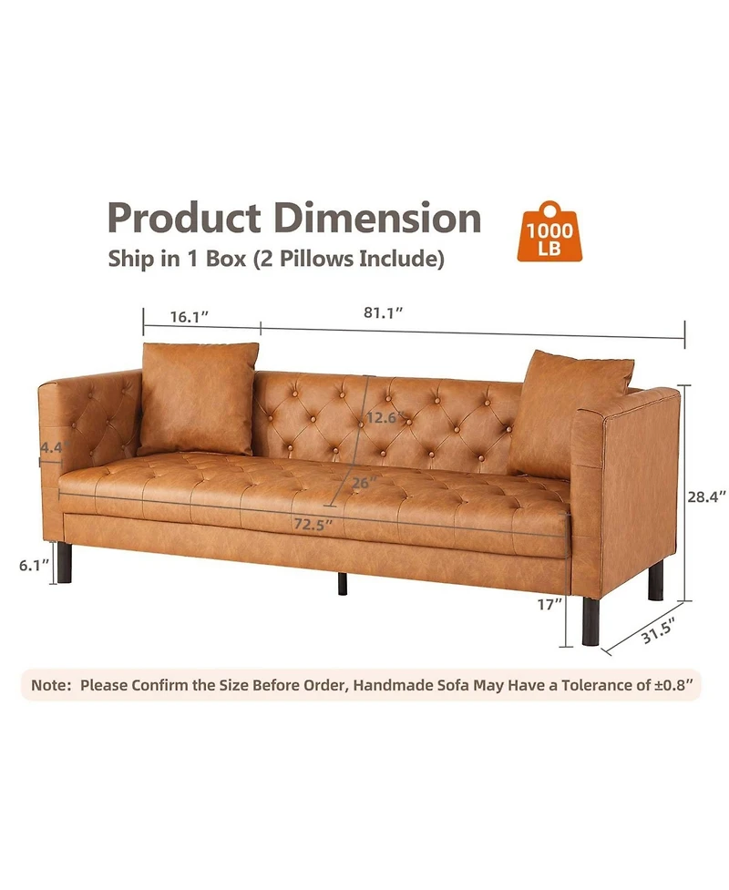 gaomon 3 Seater Sofa with Tufted Back, Grain Leather Couch with Feather, Vintage Faux Leather