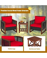 Sugift 3 Pieces Acacia Wood Patio Furniture Set with Coffee Table-Red