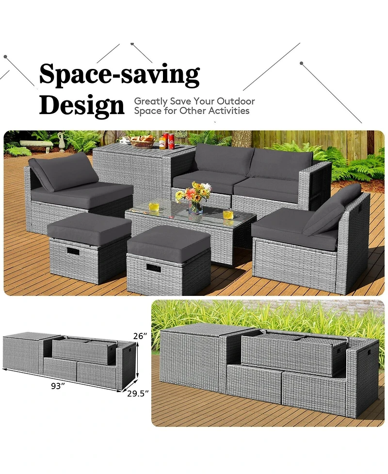 Sugift 8 Pieces Patio Rattan Furniture Set with Storage Waterproof Cover and Cushion-Gray
