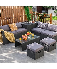 Sugift 8 Pieces Patio Rattan Storage Table Furniture Set-Gray