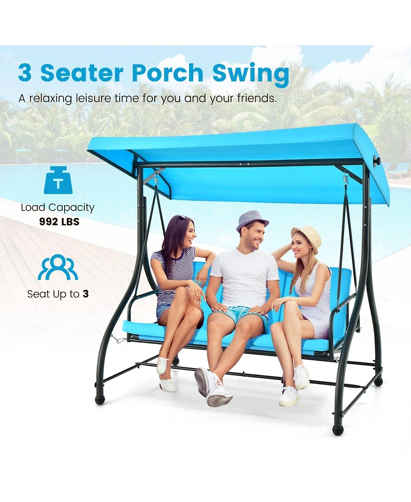 Sugift 3 Seat Outdoor Porch Swing with Adjustable Canopy-Blue