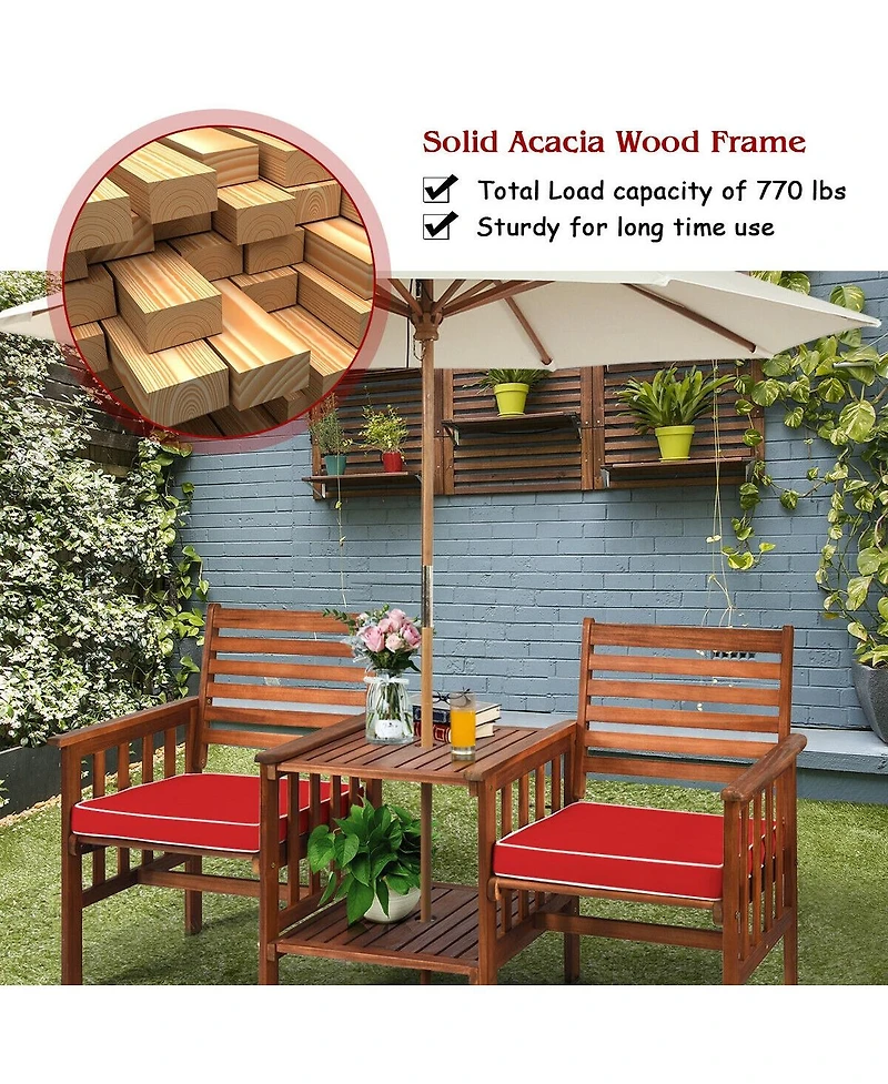 Sugift 3 pcs Outdoor Patio Table Chairs Set Acacia Wood Loveseat-Red