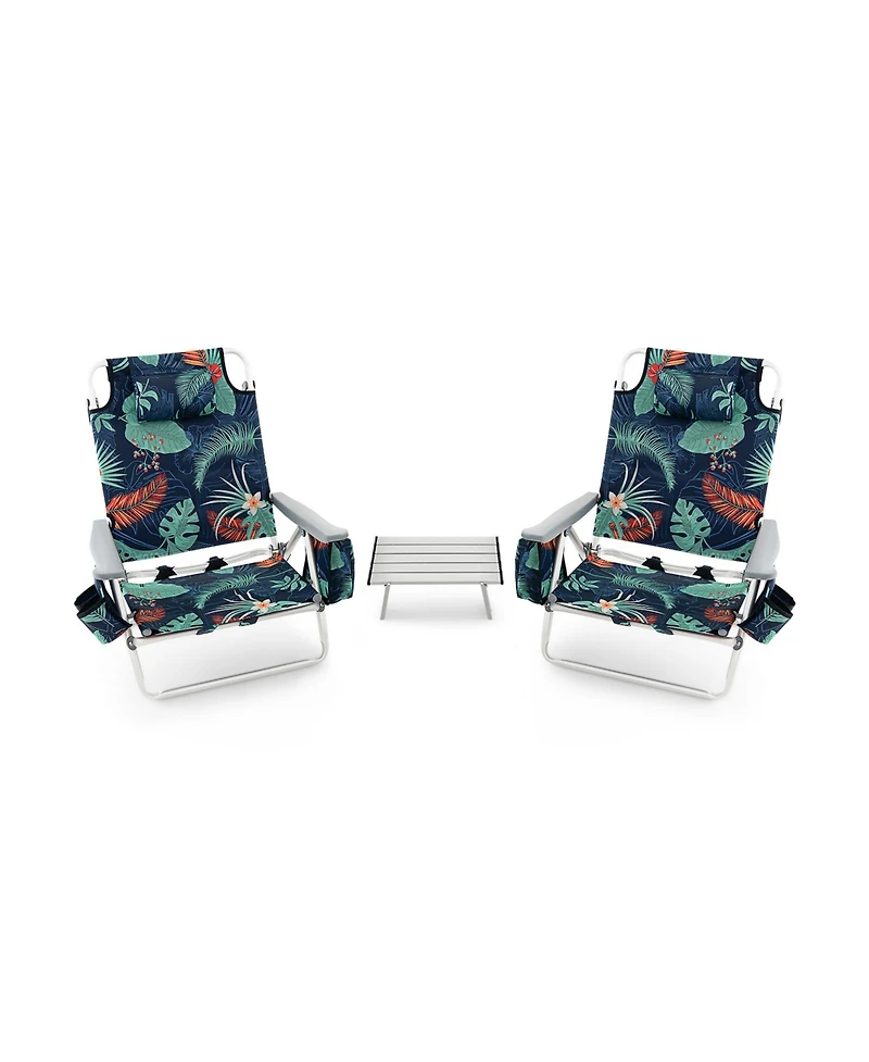 Sugift 2 Packs 5-Position Outdoor Folding Backpack Beach Table Chair Reclining Chair Set-Green
