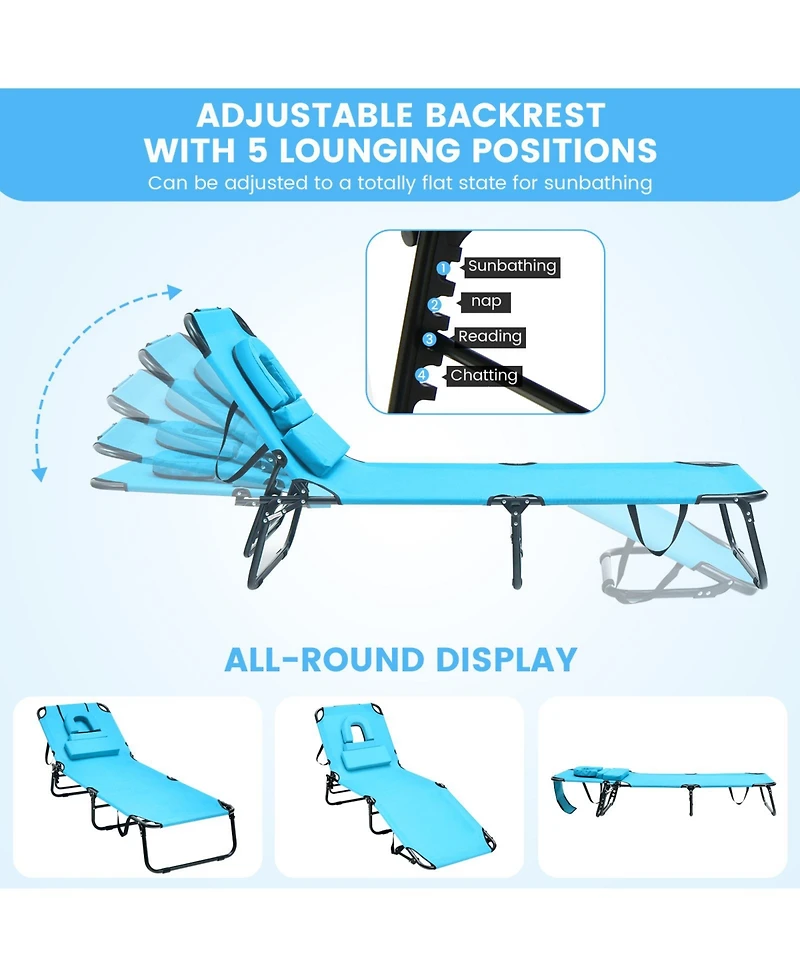 Sugift Beach Chaise Lounge Chair with Face Hole and Removable Pillow-Turquoise