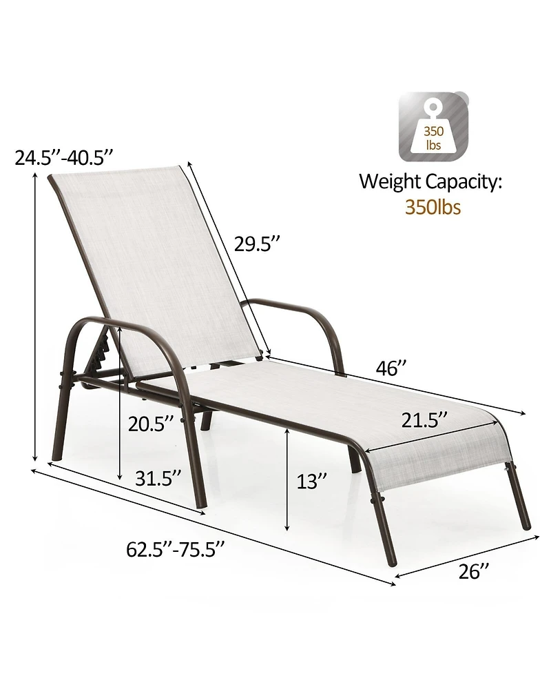 Sugift 2 Pcs Outdoor Patio Lounge Chair Chaise Fabric with Adjustable Reclining Armrest-Gray
