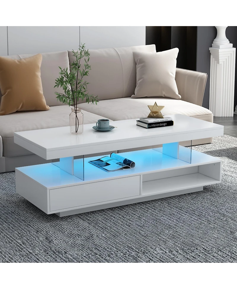 Contemporary Led Coffee Table – Lighted Center Table with Storage Drawers & Shelves for Home Interiors