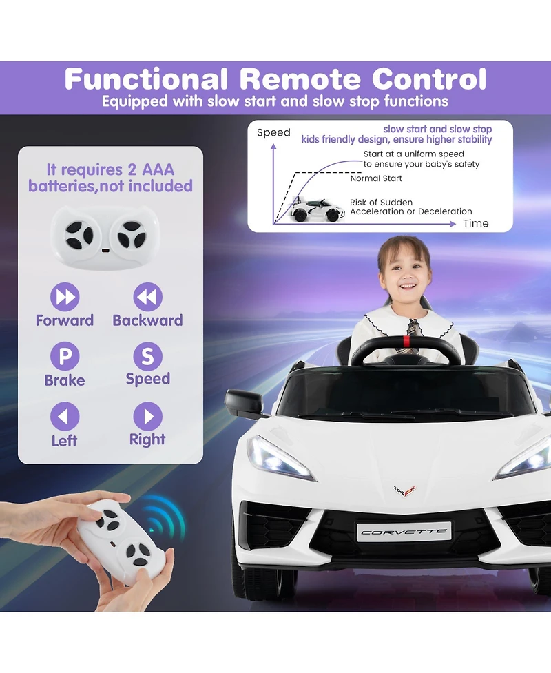 Hongge 12V Electric Kids Ride On Car Licensed Chevrolet Corvette C8 with Remote Control Ages 3+ Years Old