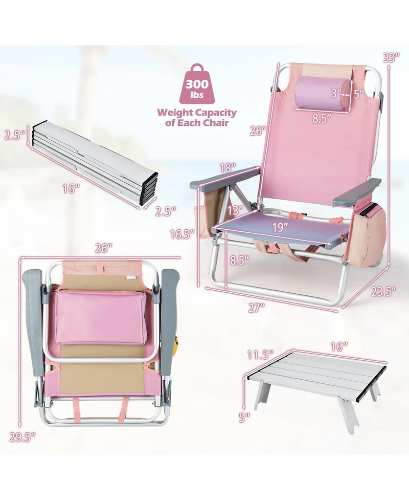 Sugift 2 Packs 5-Position Outdoor Folding Backpack Beach Table Chair Reclining Chair Set-Pink