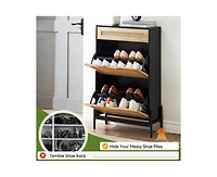 gaomon Natural Rattan Shoe Cabinet with 2 Flip Door and 1 Drawer, Freestanding Shoe Storage Organizer, Modern Narrow Shoe Rack with Adjustable Shelves