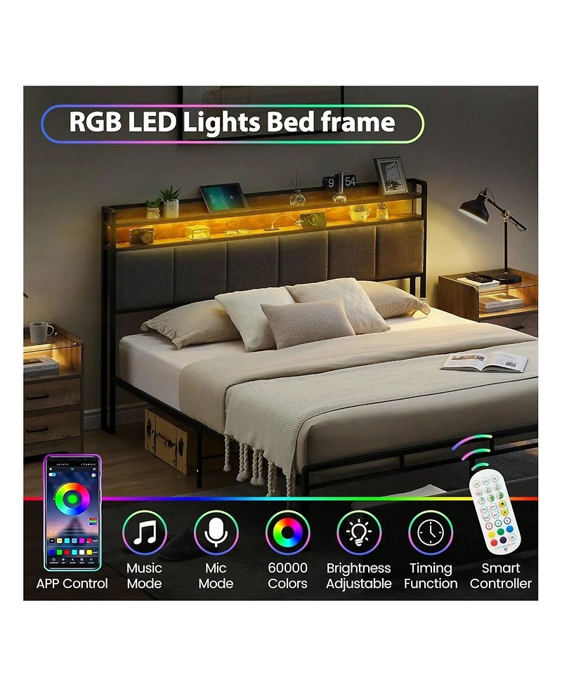 gaomon Bed Frame With 2-Tier Storage Headboard, Upholstered Platform Bed Frame With 2 Storage Drawers, Built In Charging Station & Led, Noise-Free/Met