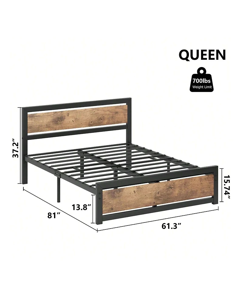 gaomon Bed Frame With Headboard, Industrial Platform Bedframe No Box Spring Needed, 14 Inch Metal Mattress Frame Noise Free, Rustic Brown
