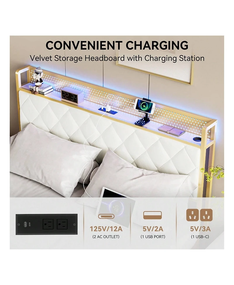 gaomon Full/Queen/King Size Bed Frame, Storage Headboard With Charging Station, Platform Bed With Velvet Backrest, No Box Spring Needed, Easy Assembly